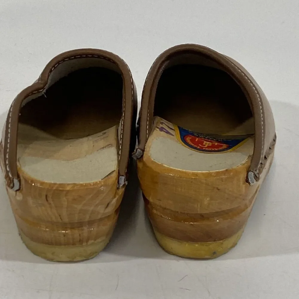 Vintage Girls Swedish Bastad-Toffeln Wood & Tan Leather Clogs Size 24 Us 8‎